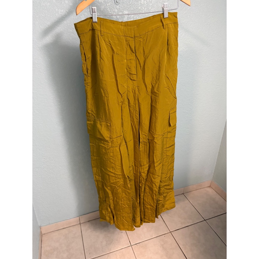 Mango MNG Women Mustard Yellow Wide Leg Cargo Pants Textured Ochre Size L